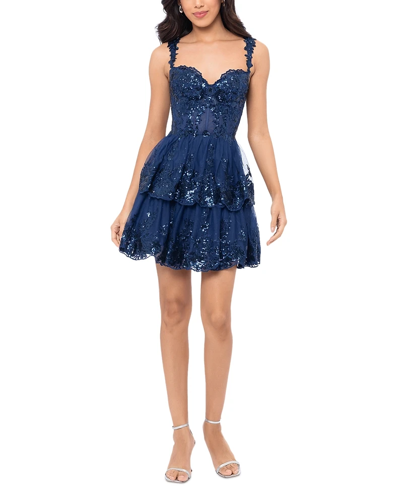Blondie Nites Juniors' Ruffled Sequined Corset-Bodice Dress