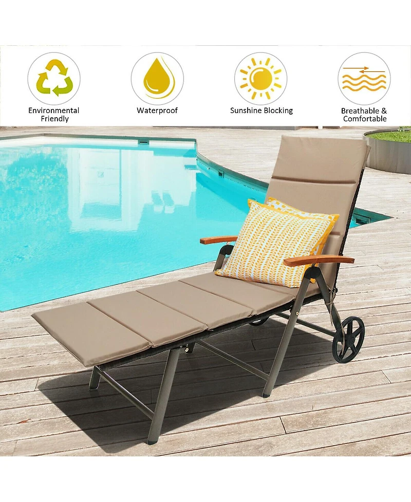 Gymax Folding Patio Rattan Lounge Chair Chaise Cushioned Aluminum Adjust Wheel