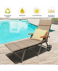 Gymax Folding Patio Rattan Lounge Chair Chaise Cushioned Aluminum Adjust Wheel
