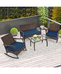 Slickblue 4 Pieces Wicker Rocking Set with Bungee Rope Seat for Porch Yard-Navy