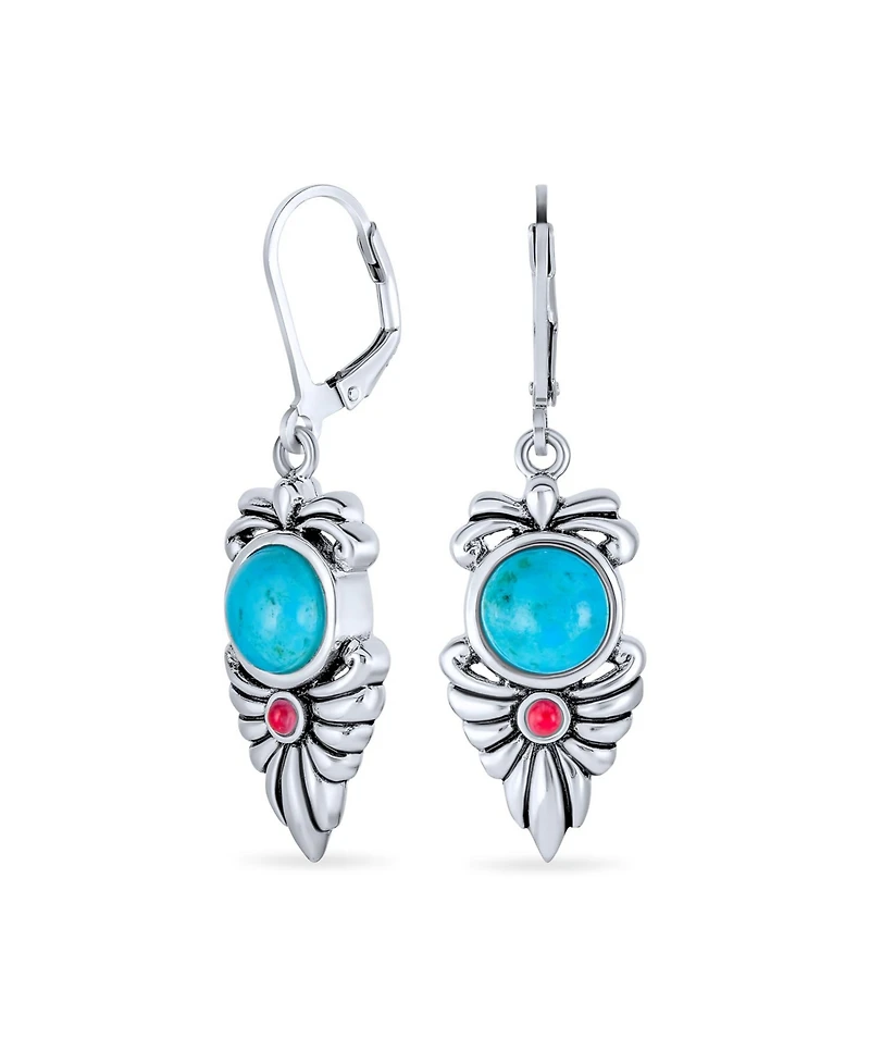 Bling Jewelry Southwest Native American Squash Blossom Style Multicolor Blue Natural Turquoise Red Carnelian Feather Lever Back Dangle Earrings Sterli