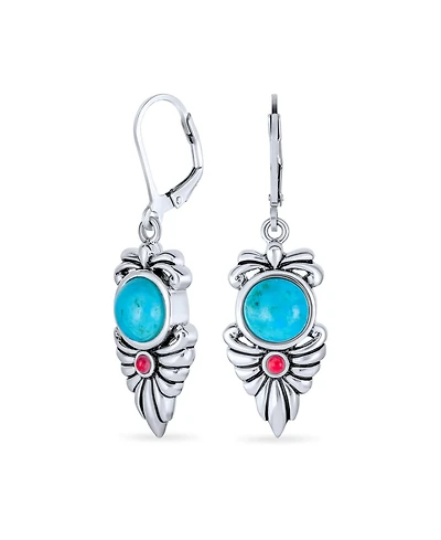 Bling Jewelry Southwest Native American Squash Blossom Style Multicolor Blue Natural Turquoise Red Carnelian Feather Lever Back Dangle Earrings Sterli