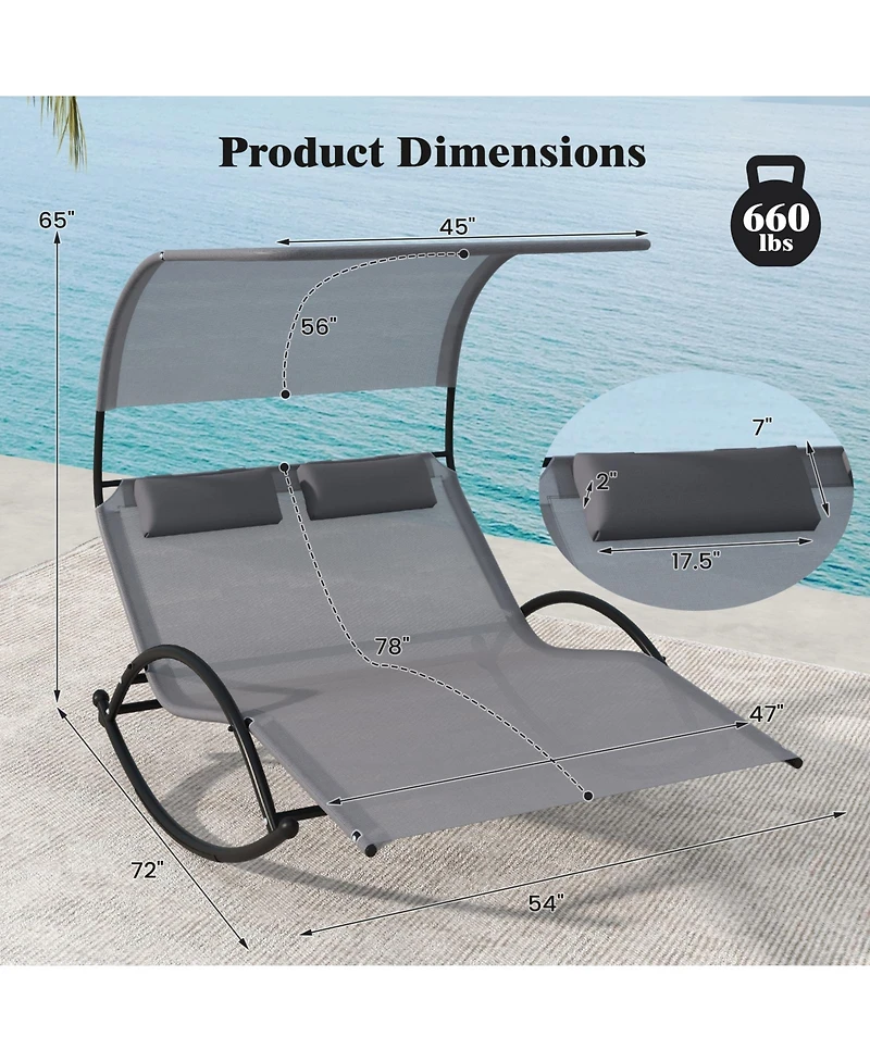 Slickblue Outdoor Dual Rocker Sunbed 2-Person Canopied Patio Lounger with Detachable Headrests-Grey