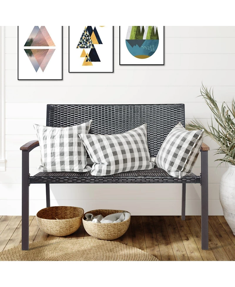 Slickblue Outdoor Patio Rattan Wicker Bench with Armrest for Garden