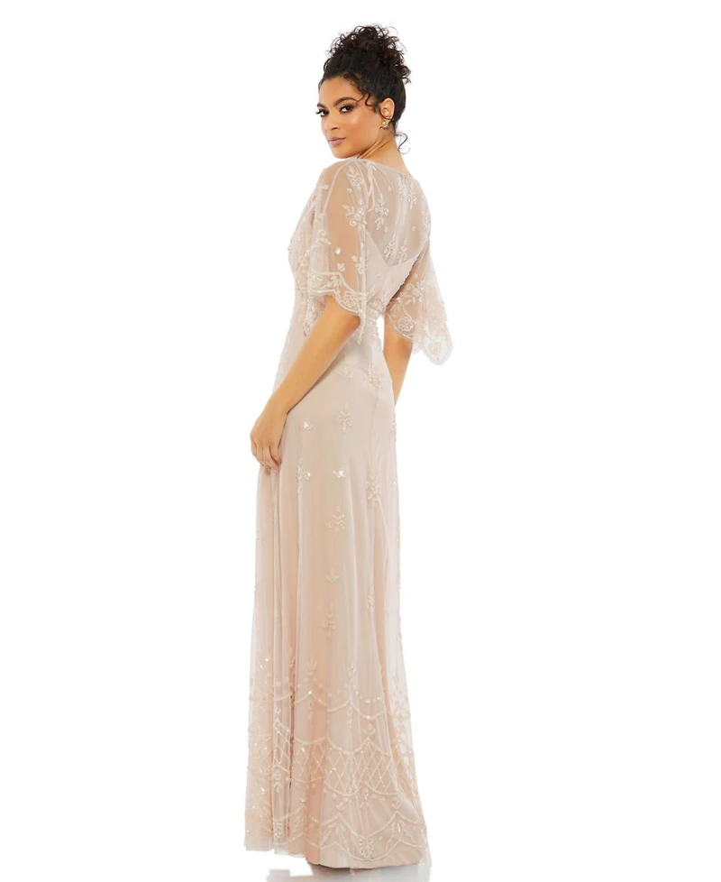 Mac Duggal Women's V Neck Flounce Sleeve Embellished Mesh Gown