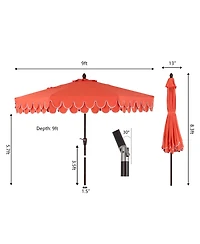 Jonathan Y Tracy 9 ft. Classic MidCentury Scalloped Fringe Market Patio Umbrella with Auto-Tilt Crank, Wind Vent and Uv Protection in Coral