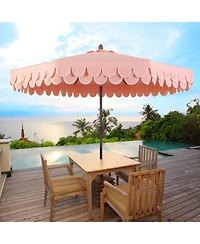 Jonathan Y Tracy 9 ft. Classic MidCentury Scalloped Fringe Market Patio Umbrella with Auto-Tilt Crank, Wind Vent and Uv Protection in Coral