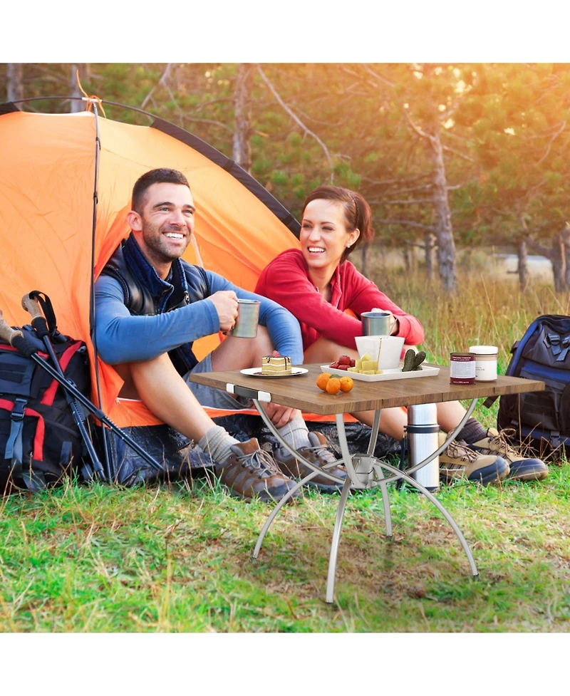 Slickblue 2 Pack Folding Camping Table with Wood-grain Tabletop for Hiking Party-Natural