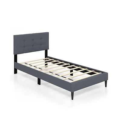 Sugift Twin Size Upholstered Platform Bed with with Button Tufted Linen Fabric Headboard