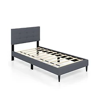 Sugift Twin Size Upholstered Platform Bed with with Button Tufted Linen Fabric Headboard