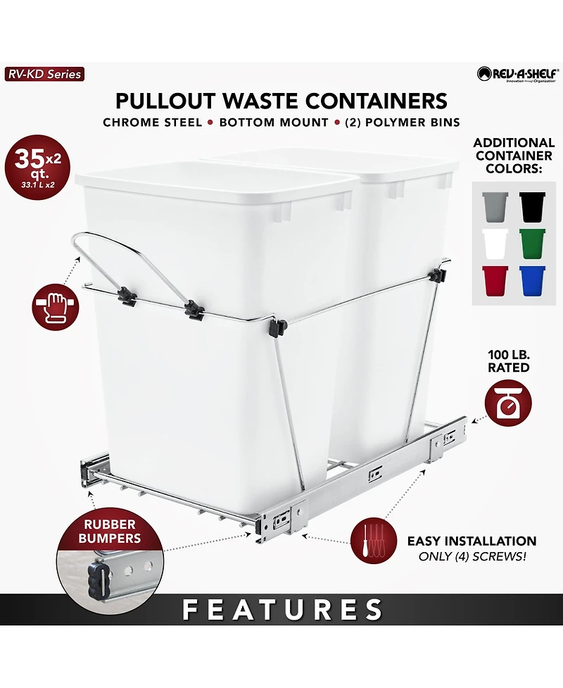 Rev-a-shelf Double Pull Out Trash Can 35 Qt for Kitchen, Blue, Rv-18KD-2218C-S