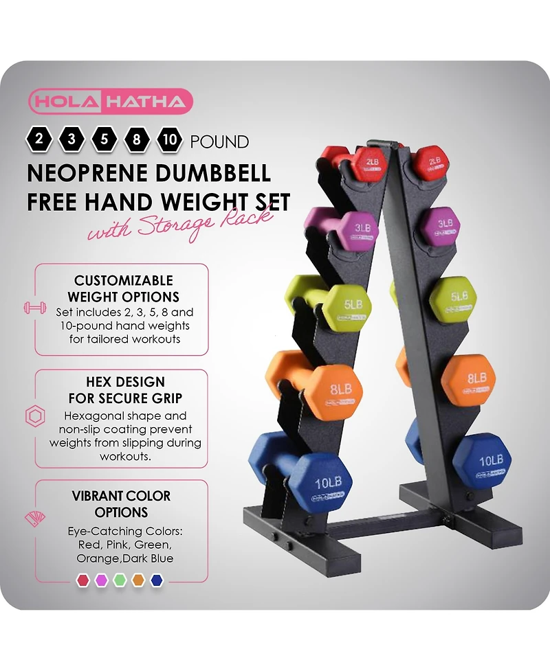 HolaHatha Neoprene Dumbbell Free Hand Weight Set with Storage Rack, Multicolor