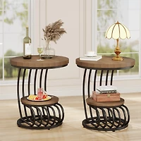 Tribesigns Round End Side Table Set of 2， 2 Tiers Table, Vintage for Living Room, Small Bedside Accent with Arc-Shap