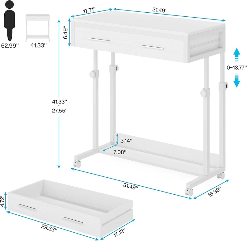 Tribesigns Portable Desk with Drawers, Mobile Laptop Desk with Wheels, Couch Desk Sofa Side Table Bed Desk, Small Standing Desk for Home Office