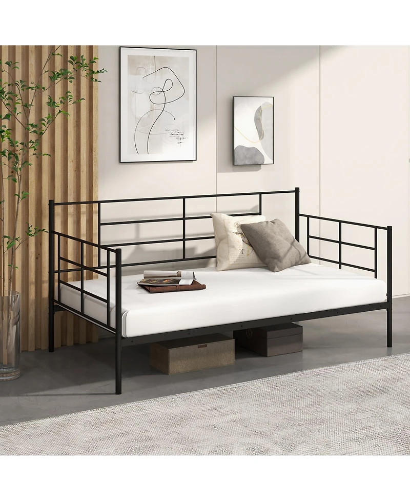 Sugift Twin Size Metal Daybed Sofa Bed Frame with Armrests and Backrest