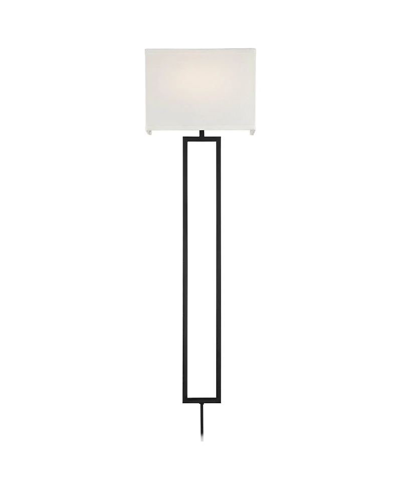 Possini Euro Design Portico Modern Wall Lamp Black Plug-in 11" Light Fixture Led White Linen Rectangular Shade for Bedroom Reading Living Room Ho