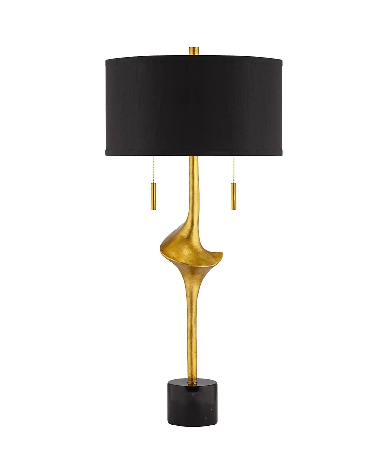 Possini Euro Design Athena Modern Buffet Table Lamp 35 1/2" Tall Sculptural Gold Leaf Black Drum Shade Bedroom Living Room Bedside Nightstand Off