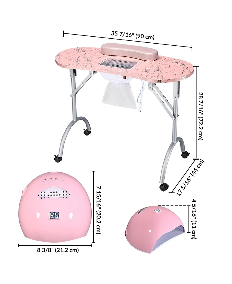 Byootique Manicure Nail Table w/ Uv Led Nail Lamp 135W Portable Folding Nail Technician Desk with Built-in Dust Collector & Carry Bag for Nail Tech Be