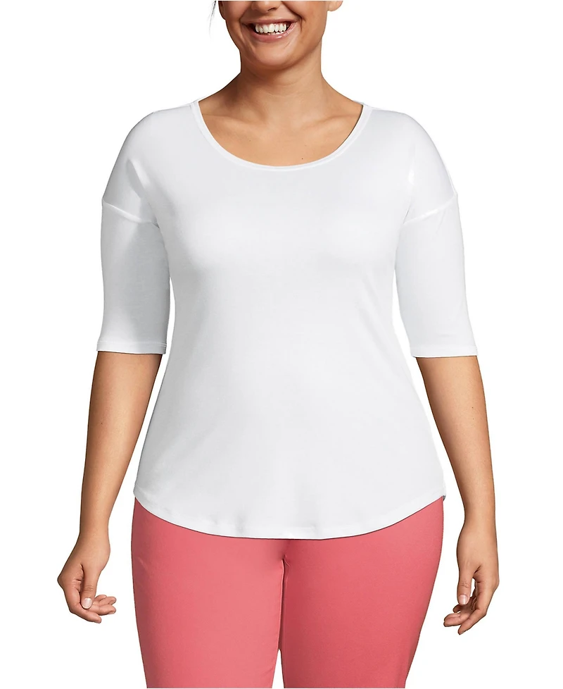 Lands' End Plus Size Supima Micro Modal Elbow Sleeve Balletneck Curved Hem Top