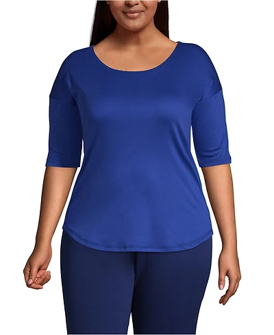 Lands' End Plus Supima Micro Modal Elbow Sleeve Balletneck Curved Hem Top