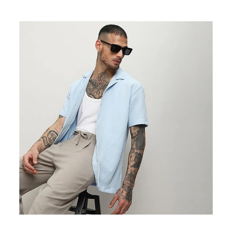 Men's Light Blue Self-Design Block Shirt