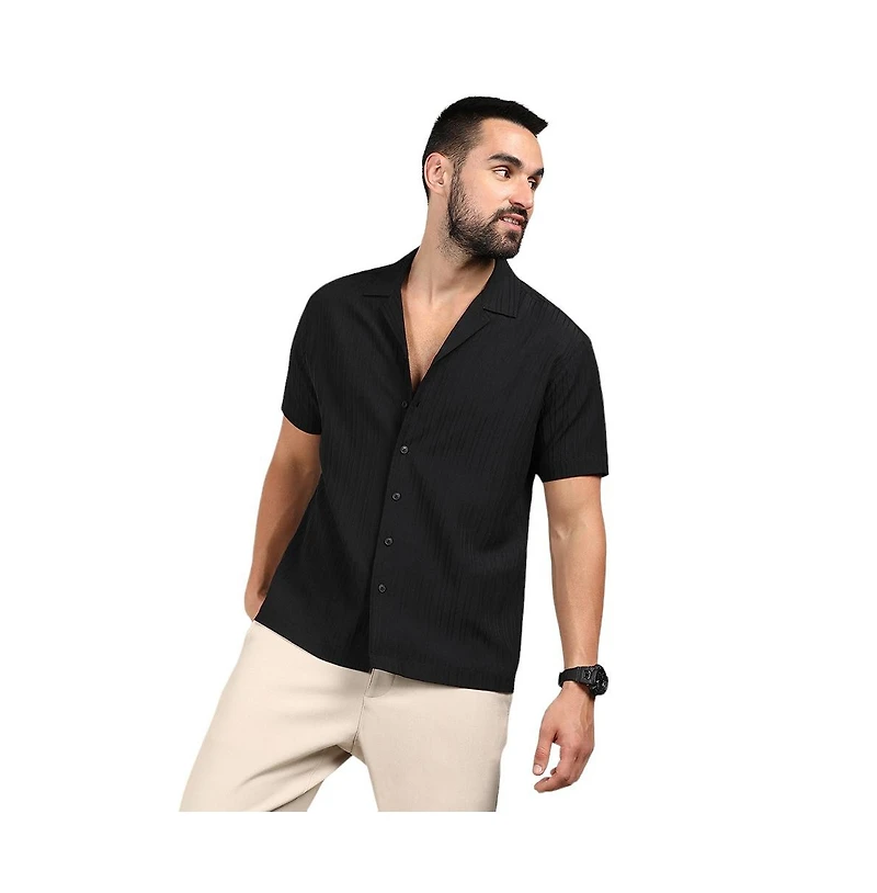 Men's Charcoal Black Self-Design Striped Shirt