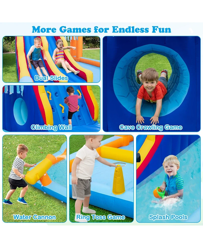 Skonyon 6-In-1 Inflatable Water Slide with Dual Slides Climbing Wall and Cave Crawling Game with 950W Blower