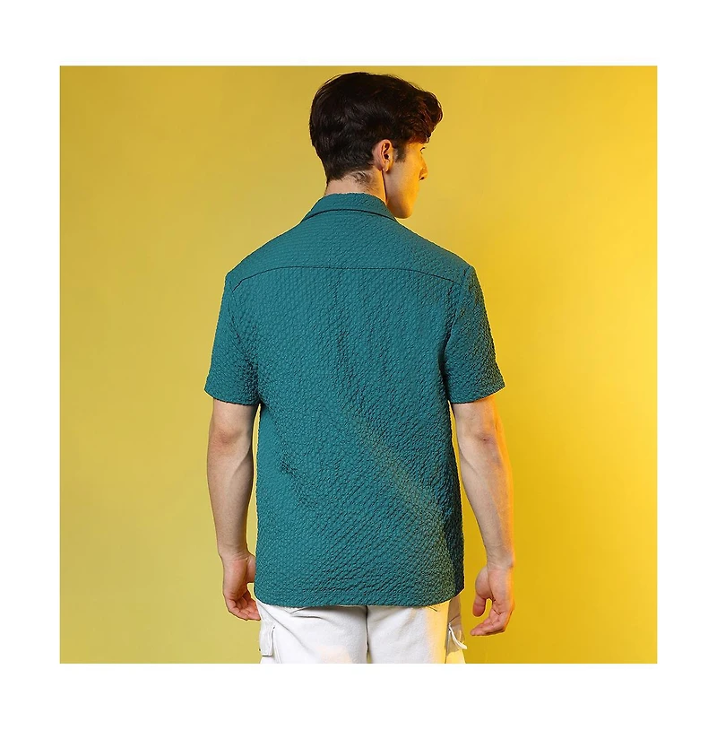 Men's Teal Green Self-Design Creased Striped Shirt