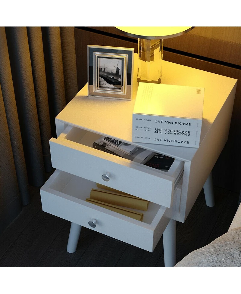 Sugift Mid-Century Wooden Multipurpose End Table with 2 Storage Drawers