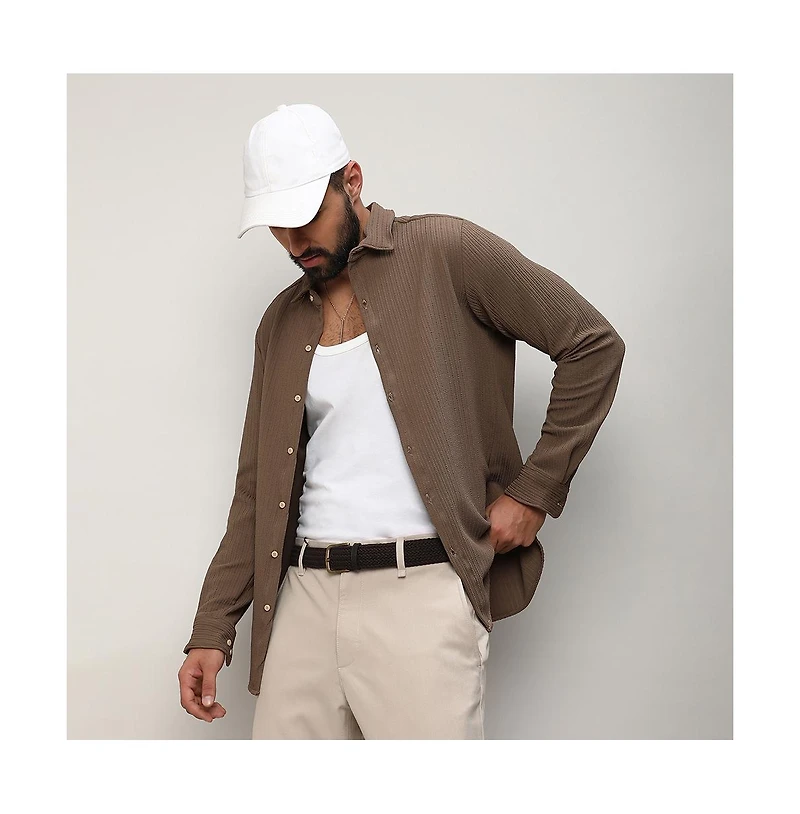 Men's Tan Brown Stripe-Creased Shirt