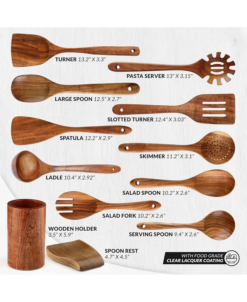 Zulay Kitchen 12-Piece Teak Wooden Utensils for Cooking - Natural Teak Utensil Set