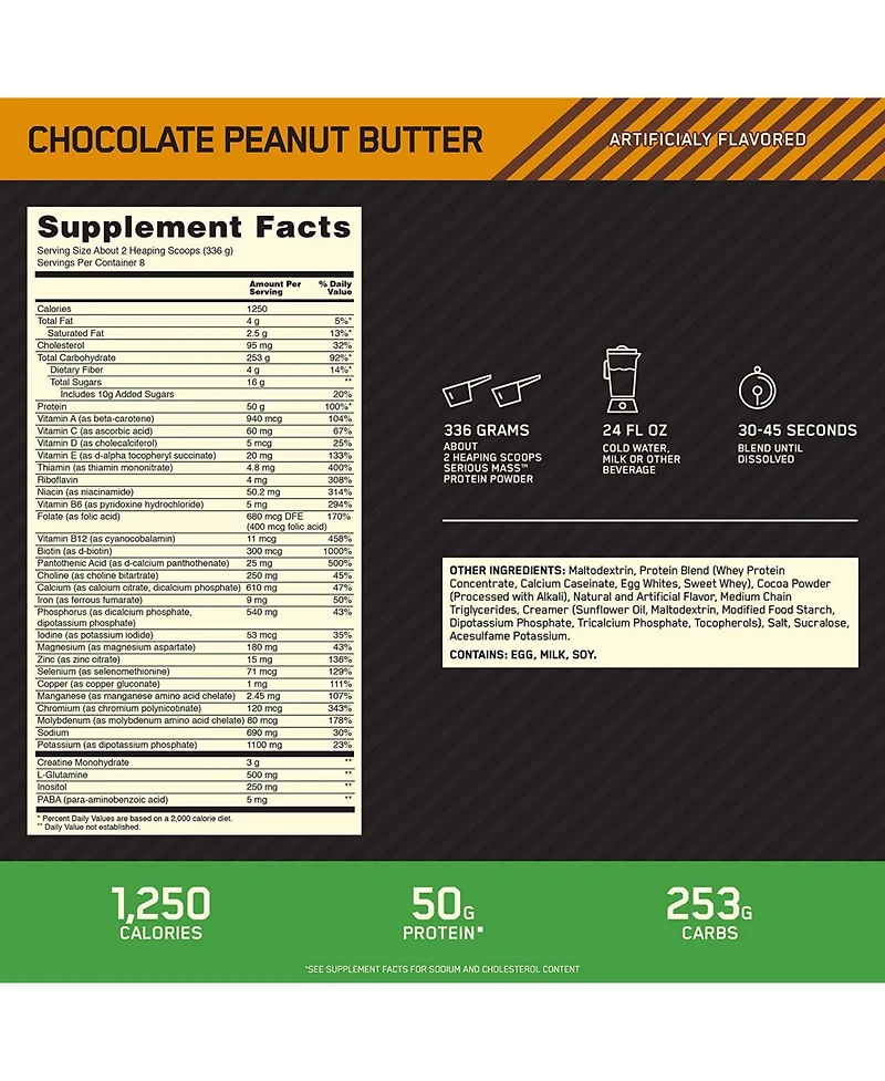 Optimum Nutrition, Serious Mass, Chocolate Peanut Butter, 6 lb, 8 Servings