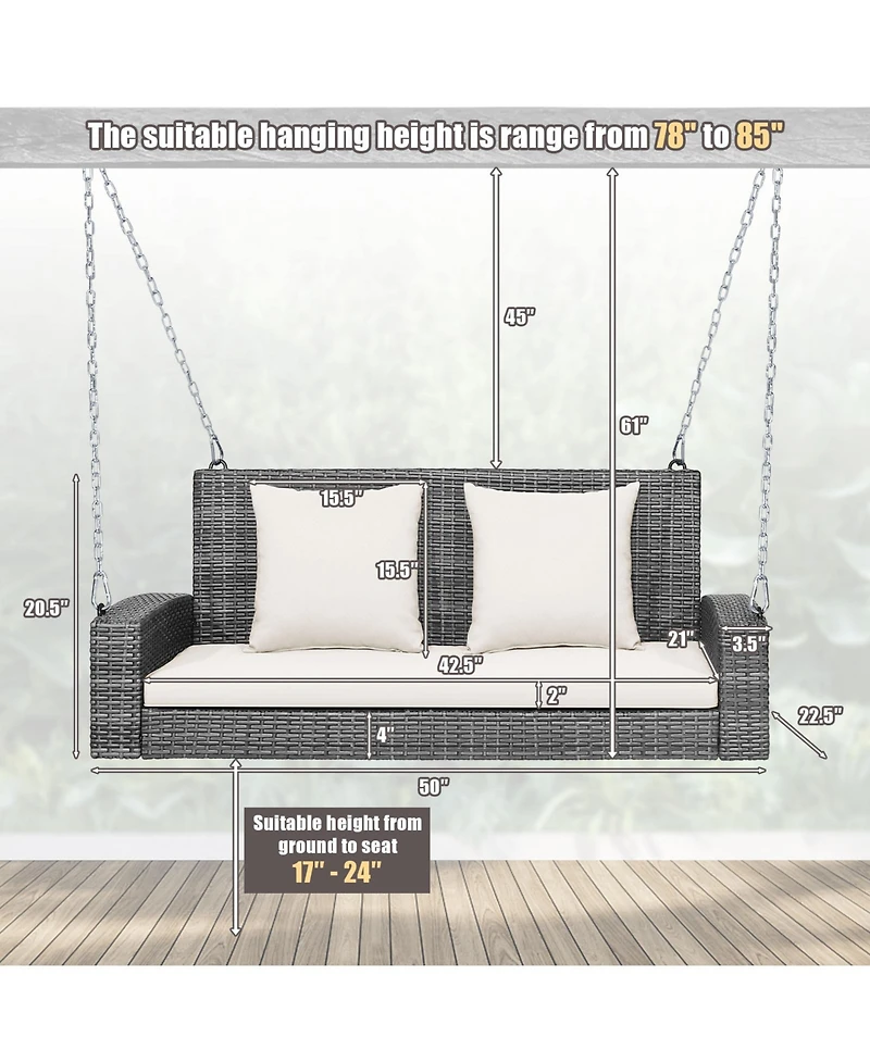 Sugift 2-Person Patio Pe Wicker Hanging Porch Swing Bench Chair Cushion 800 Pounds
