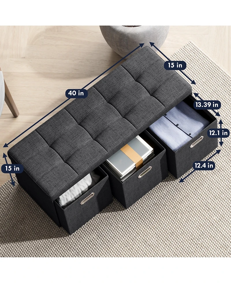 Collapsible Tufted Linen Long Bench Storage Ottoman with 3 Drawers
