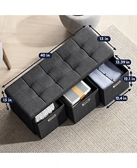 Collapsible Tufted Linen Long Bench Storage Ottoman with 3 Drawers