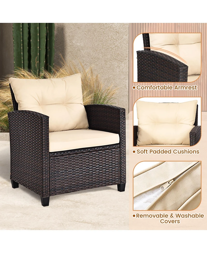 Givimo 3 Pieces Patio Rattan Furniture Set with Washable Cushions and Tempered Glass Tabletop