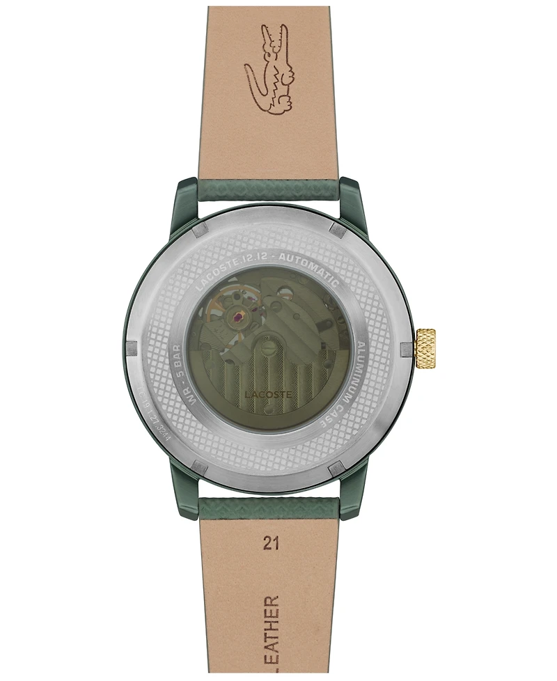 Lacoste L.12.12 Automatique Men's Green Leather Strap Watch 44mm