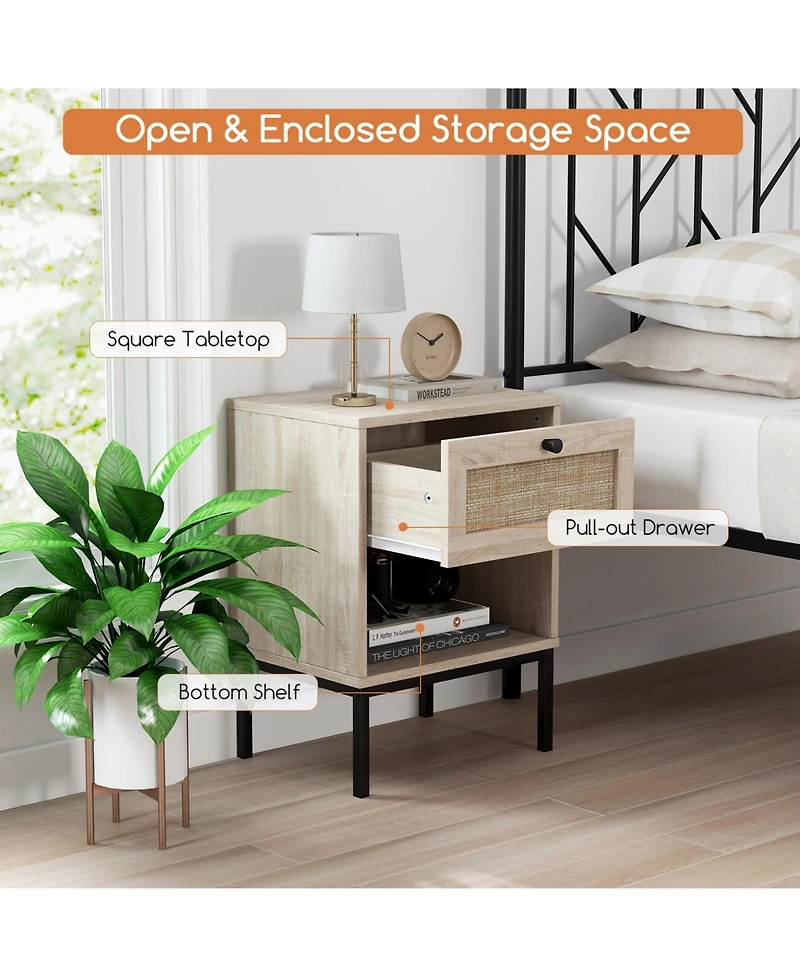 Sugift Rattan Nightstand Boho End Table with Rattan Drawer & Open Shelf