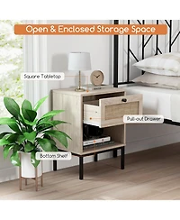 Sugift Rattan Nightstand Boho End Table with Rattan Drawer & Open Shelf