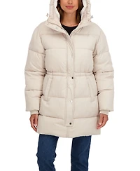 Sebby Collection Women's 3/4 Cozy Lined Hooded Puffer Coat With Drawstring Waist
