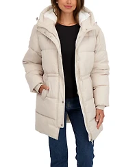 Sebby Collection Women's 3/4 Cozy Lined Hooded Puffer Coat With Drawstring Waist