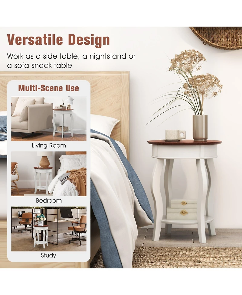 Sugift 2-Tier Round End Table with Storage Shelf and Solid Rubber Wood Legs