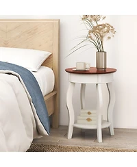 Sugift 2-Tier Round End Table with Storage Shelf and Solid Rubber Wood Legs