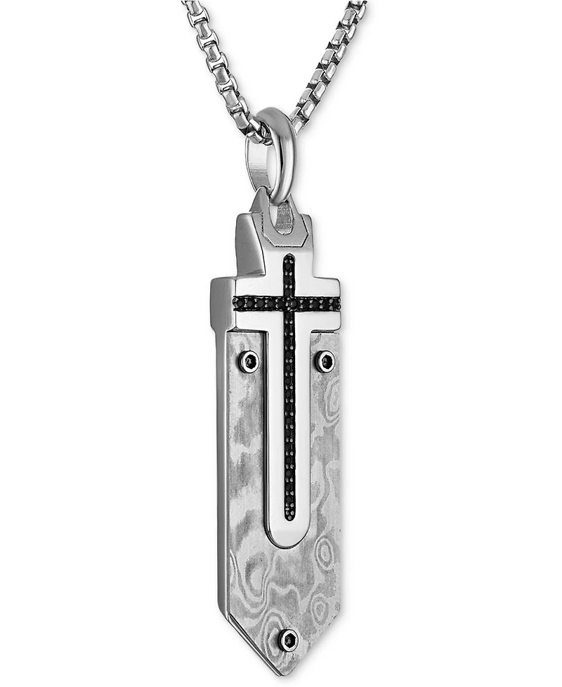 Bulova Marc Anthony Men's Black Diamond Damascus Sword Pendant Necklace (1/6 ct. t.w.) in Sterling Silver-Plate, 24" + 2" extender, BVP1079-wmmaa