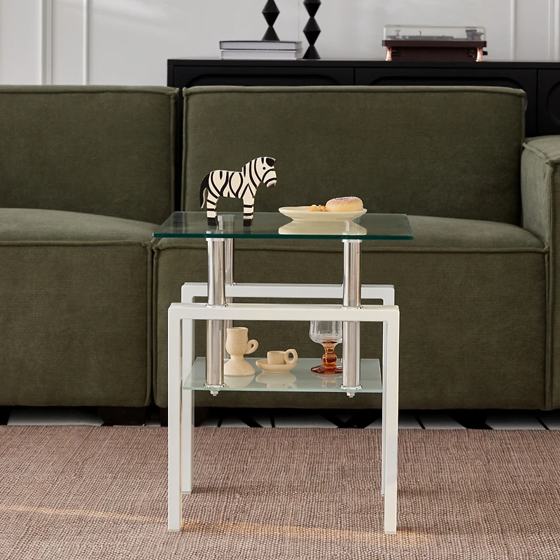 Streamdale Tempered Glass End Table, 2-Tier Storage, Living Room Side Table