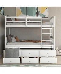 Simplie Fun Twin Bunk Bed With Ladder, Safety Rail, Twin Trundle Bed With 3 Drawers For Teens Bedroom
