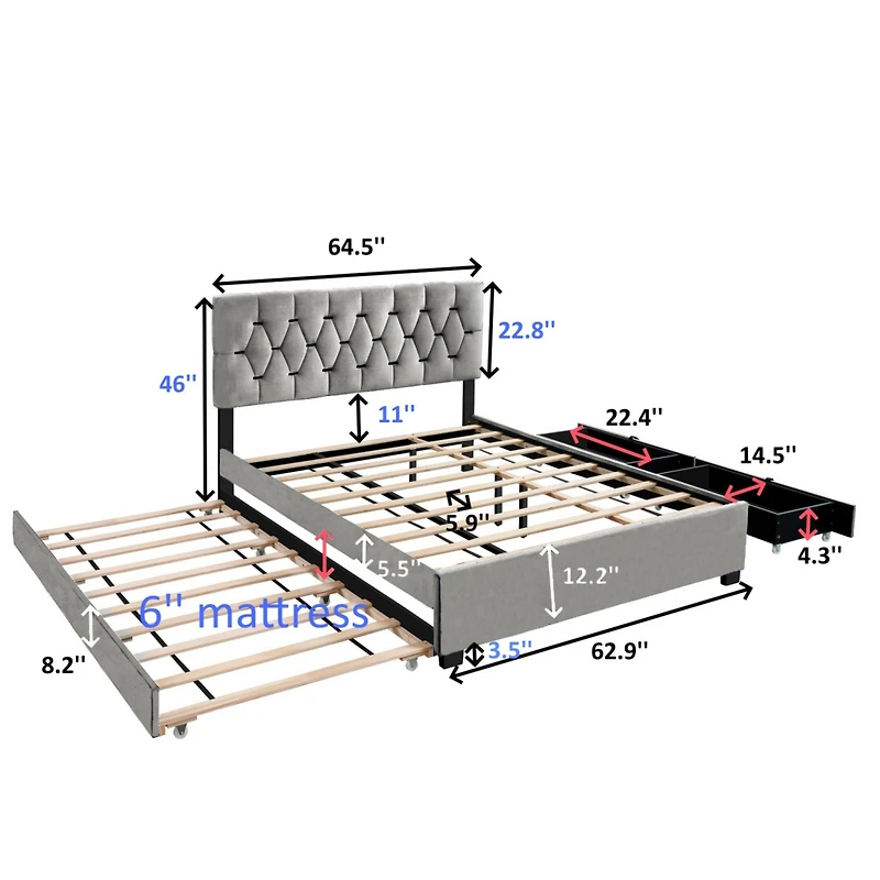 Streamdale Furniture Gray Queen Upholstered Bed with Trundle