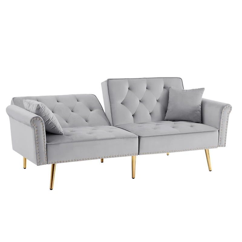 Streamdale Furniture Grey Velvet Tufted Sofa Couch with 2 Pillows and Nailhead Trim