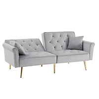 Streamdale Furniture Grey Velvet Tufted Sofa Couch with 2 Pillows and Nailhead Trim