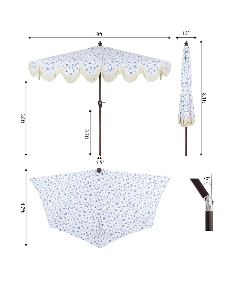 Jonathan Y 9ft Half Market Umbrella, Scalloped Fringe, Crank, Button Tilt, Uv Protection